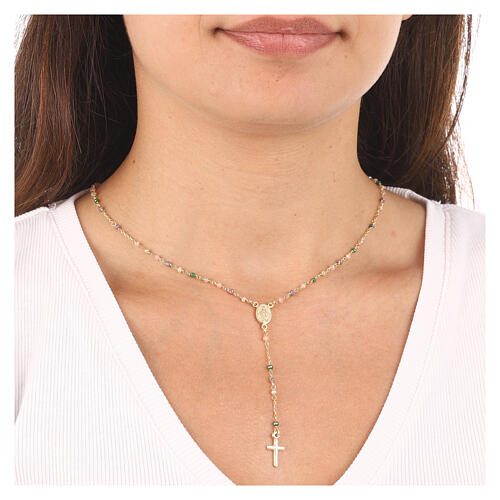 AMEN rosary necklace with dove and green crystals and Miraculous Medal, gold plated finish 2