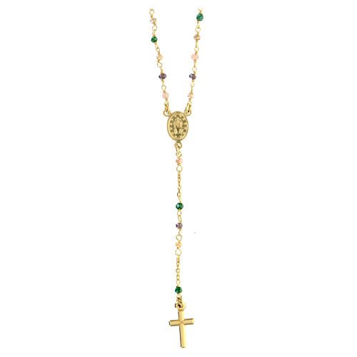 AMEN rosary necklace with dove and green crystals and Miraculous Medal, gold plated finish 3