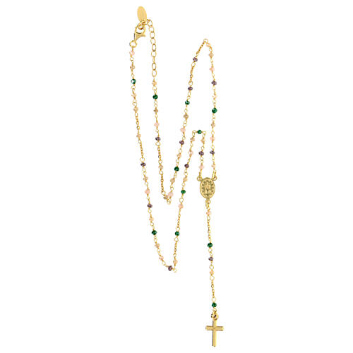 AMEN rosary necklace with dove and green crystals and Miraculous Medal, gold plated finish 4