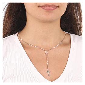 AMEN rosary necklace with white crystals and Miraculous Medal, rosé finish