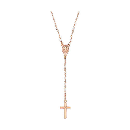 AMEN rosary necklace with white crystals and Miraculous Medal, rosé finish 1