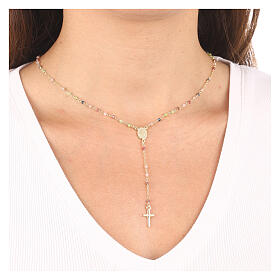 AMEN rosary necklace with colourful crystals and Miraculous Medal, gold plated 925 silver