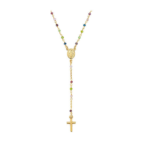 AMEN rosary necklace with colourful crystals and Miraculous Medal, gold plated 925 silver 1