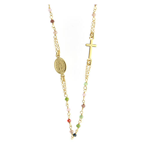 AMEN rosary necklace with amaranth pink and green crystals and Miraculous Medal, gold plated 925 silver 3