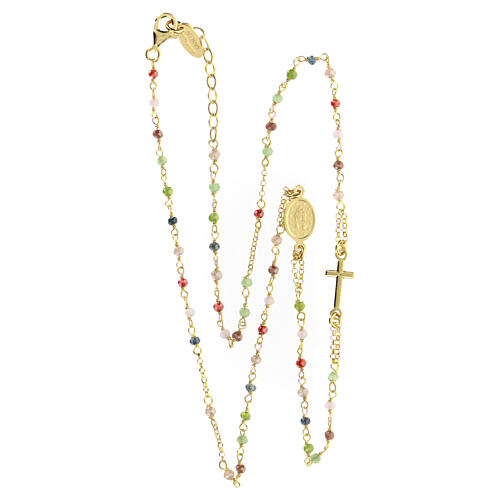 AMEN rosary necklace with amaranth pink and green crystals and Miraculous Medal, gold plated 925 silver 4
