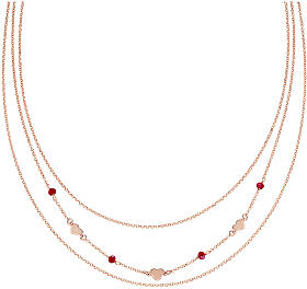 AMEN necklace with triple chain, red crystals and hearts, rosé 925 silver