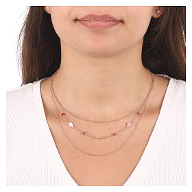 AMEN necklace with triple chain, red crystals and hearts, rosé 925 silver