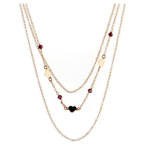 AMEN necklace with triple chain, red crystals and hearts, rosé 925 silver 3