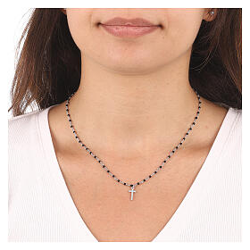 AMEN necklace with black crystals and white zircon cross, rhodium-plated finish