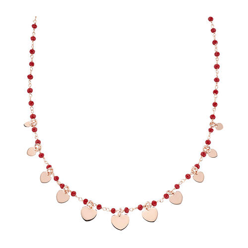 Kette mit kleinen Herz-Anhängern, AMEN, 925er Silber, Rosé-Finish, rote Kristalle 1