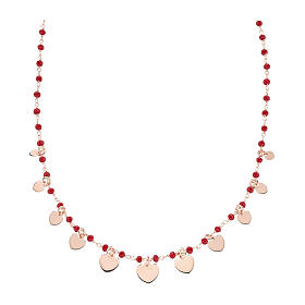 AMEN necklace with heart-shaped charms and red crystals, rosé 925 silver