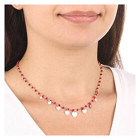 AMEN necklace with heart-shaped charms and red crystals, rosé 925 silver
