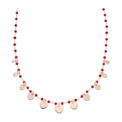 AMEN necklace with heart-shaped charms and red crystals, rosé 925 silver 1