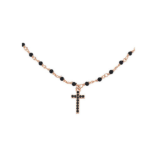 Collier AMEN croix de zircons noirs et cristaux noirs argent 925 rosé 3
