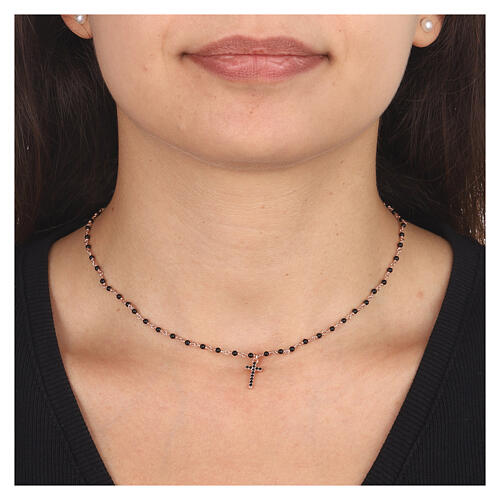 Black zircon cross necklace AMEN 925 silver rose finish 2