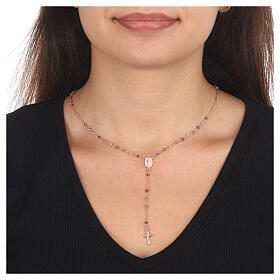 AMEN rosary necklace with amaranth crystals and Miraculous Medal, rosé finish