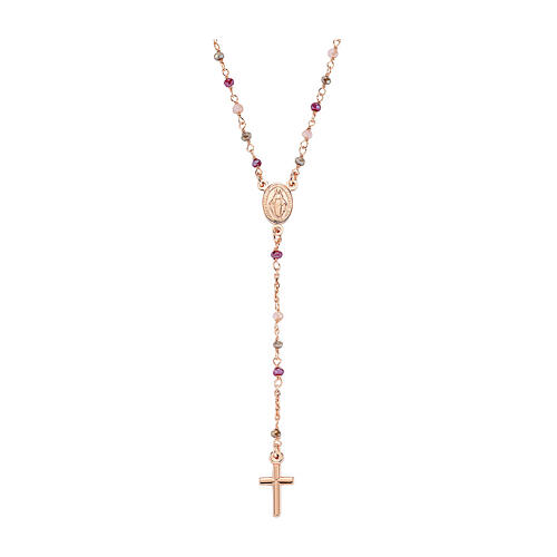 AMEN rosary necklace with amaranth crystals and Miraculous Medal, rosé finish 1