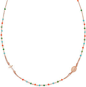 Collar Milagrosa y cruz AMEN cristales multicolores rosado