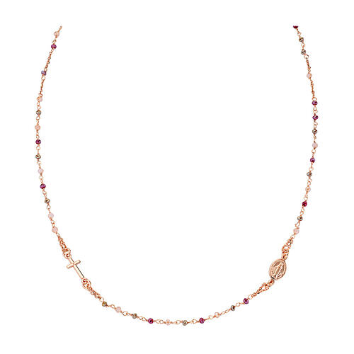 AMEN necklace with amaranth pink and dove crystals and Miraculous Medal, rosé 925 silver 1