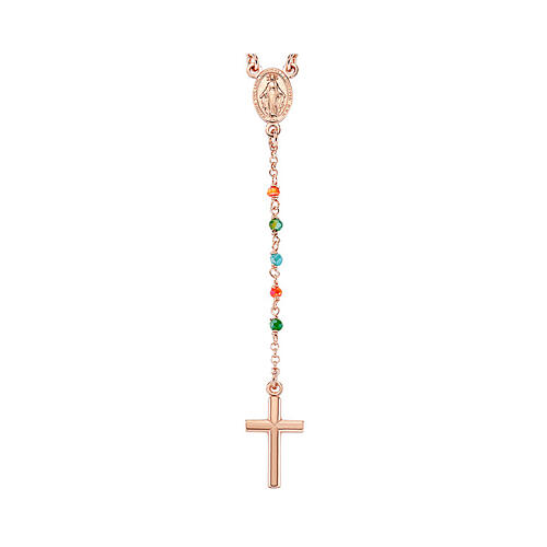 Collana Croce med. Miracolosa AMEN cristalli multicolore fin. rosata 3