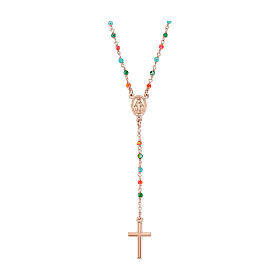 Cross rosary necklace med. Miraculous AMEN multicolored crystals rose fin
