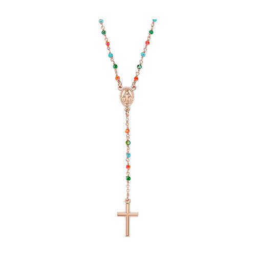 Cross rosary necklace med. Miraculous AMEN multicolored crystals rose fin 1