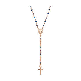 AMEN rosary necklace with blue crystals and Miraculous Medal, rosé 925 silver