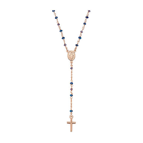 AMEN rosary necklace with blue crystals and Miraculous Medal, rosé 925 silver 1