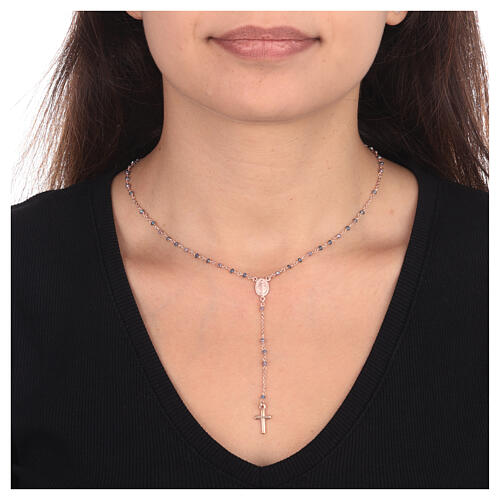 AMEN rosary necklace with blue crystals and Miraculous Medal, rosé 925 silver 2