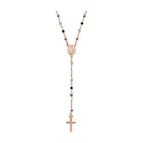 AMEN rosary necklace with tinted dove and green crystals and Miraculous Medal, rosé 925 silver