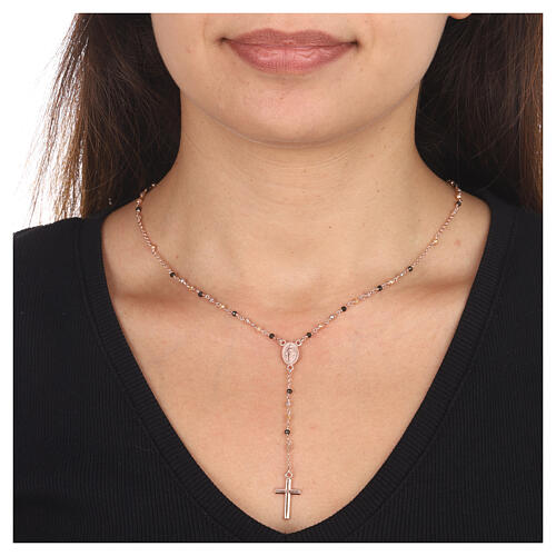 AMEN rosary necklace with black dove and golden crystals and Miraculous Medal, rosé 925 silver 2