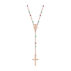 AMEN rosary necklace with amaranth pink and light blue crystals and Miraculous Medal, rosé 925 silver