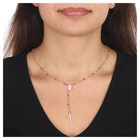 AMEN rosary necklace with amaranth pink and light blue crystals and Miraculous Medal, rosé 925 silver