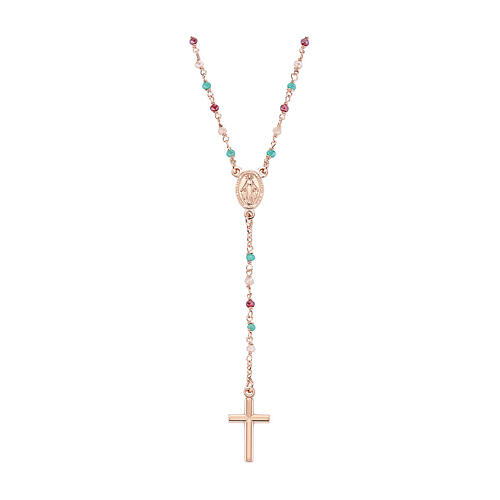 AMEN rosary necklace with amaranth pink and light blue crystals and Miraculous Medal, rosé 925 silver 1