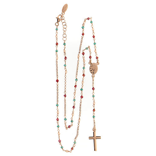 AMEN rosary necklace with amaranth pink and light blue crystals and Miraculous Medal, rosé 925 silver 4