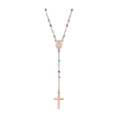 Cross pendant rosary necklace with Miraculous medal AMEN rose fin. 1