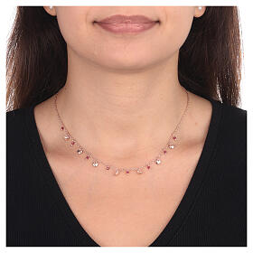 Collar Corazones cristales rojos alternados AMEN plata 925 rosada