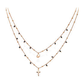 AMEN double necklace with black zircons, cross and heart pendants, rosé finish
