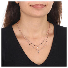 AMEN double necklace with black zircons, cross and heart pendants, rosé finish