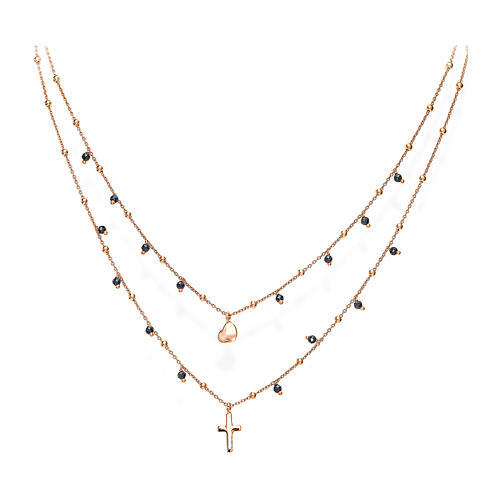 AMEN double necklace with black zircons, cross and heart pendants, rosé finish 1