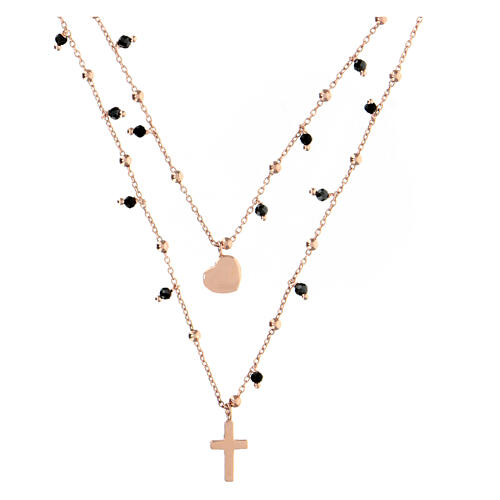 AMEN double necklace with black zircons, cross and heart pendants, rosé finish 3