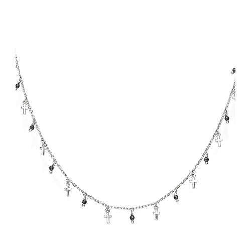 Collana Croci Cristalli neri alternati AMEN fin. rodio 1