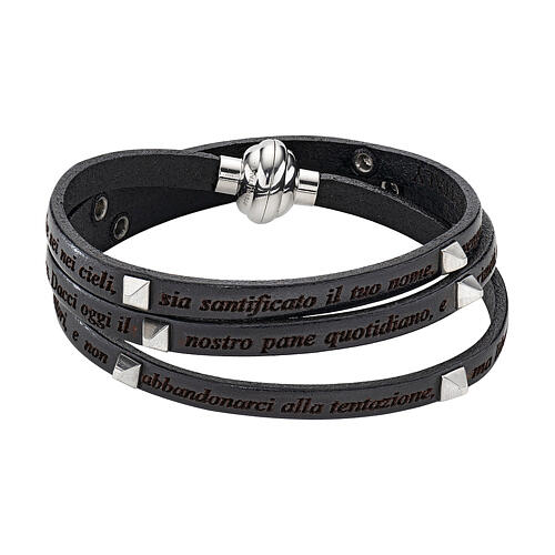 Amen black leather bracelet with studs and Our Father prayer ITA 1