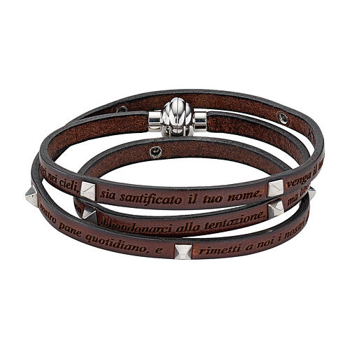 Amen brown leather bracelet with studs and Our Father prayer ITA 1