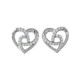 AMEN stud earrings with braided heart, 925 silver and white rhinestones