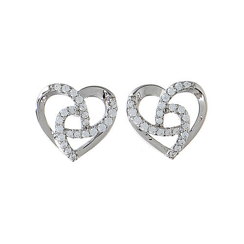 AMEN stud earrings with braided heart, 925 silver and white rhinestones 1