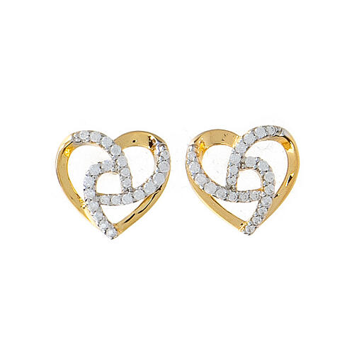 AMEN stud earrings with braided heart, gold plated 925 silver and white rhinestones 1