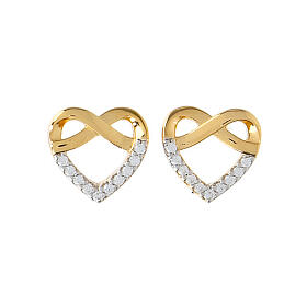 AMEN stud earrings, gold plated 925 silver braided heart with white rhinestones
