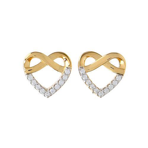 AMEN stud earrings, gold plated 925 silver braided heart with white rhinestones 1