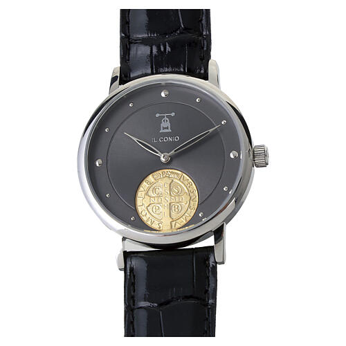 Orologio vera pelle marrone medaglia San Benedetto argento 925 dorato 2